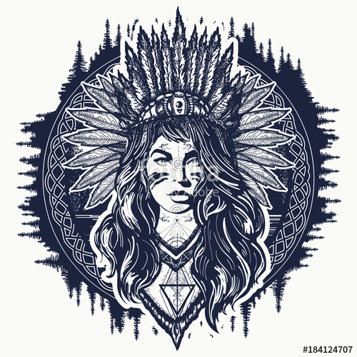 500x500 Tribal Indian Woman Tattoo And T Shirt Design Native American - Indian Tattoo Drawings