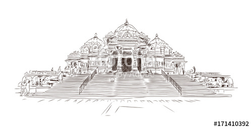500x256 Hand Drawn Sketch Of Akshardham Hindu Temple In Delhi, India - Indian Temple Drawing