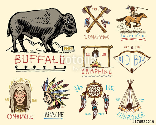 500x400 Set Of Engraved Vintage, Hand Drawn, Old, Labels Or Badges - Indian Tomahawk Drawing