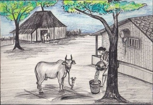 600x413 Indian Village Life Drawing - Indian Village Drawings