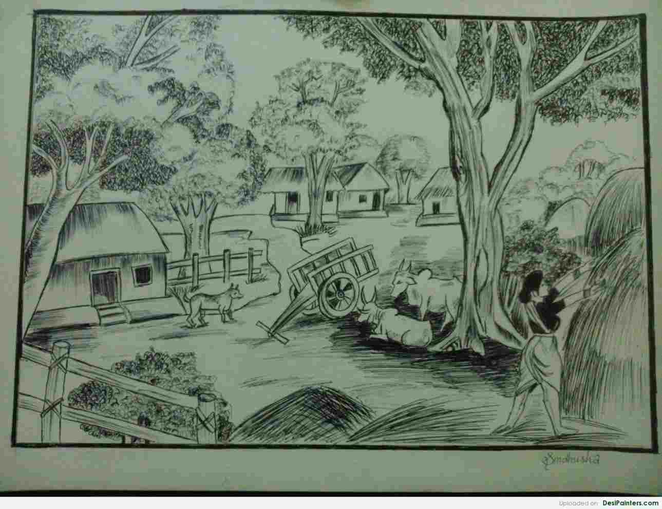 1289x991 Scene Pencil Pencil Sketch Of Indian Village Scenery Drawing - Indian Village Drawings