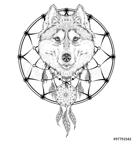468x500 Animal Hand Drawn Illustration, Wolf Indian Warrior, Native - Indian Warrior Drawing