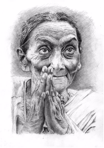 424x600 Indian Woman Praying - Indian Woman Drawing