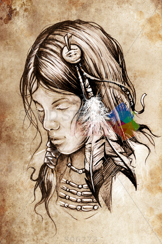 333x500 Stock Photo Of American Indian Woman Tattoo Sketch Handmade Design - Indian Woman Drawing