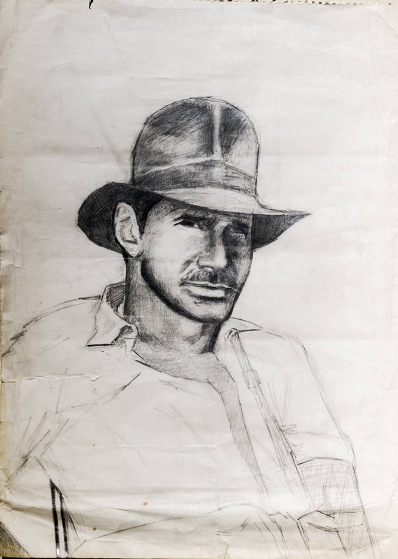 794x1114 indiana jones sketch original drawing raiders of the lost ark etsy - Indiana Jones Drawing