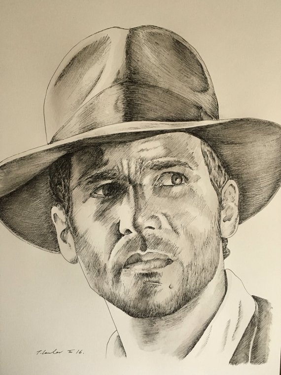 570x760 indiana jones original watercolour painting pen drawing etsy - Indiana Jones Drawing