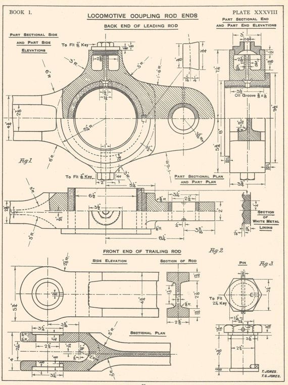 570x762 locomotive machine drawing vintage industrial print - Industrial Drawings