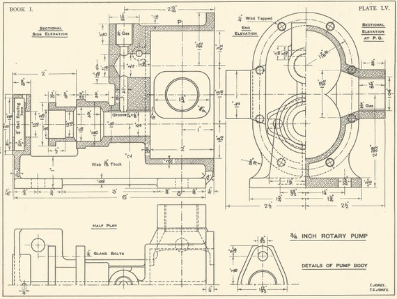 570x429 machine drawing pump section vintage industrial print etsy - Industrial Drawings