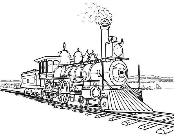 600x467 railroad, amazing steam train on railroad coloring - Industrial Revolution Drawing