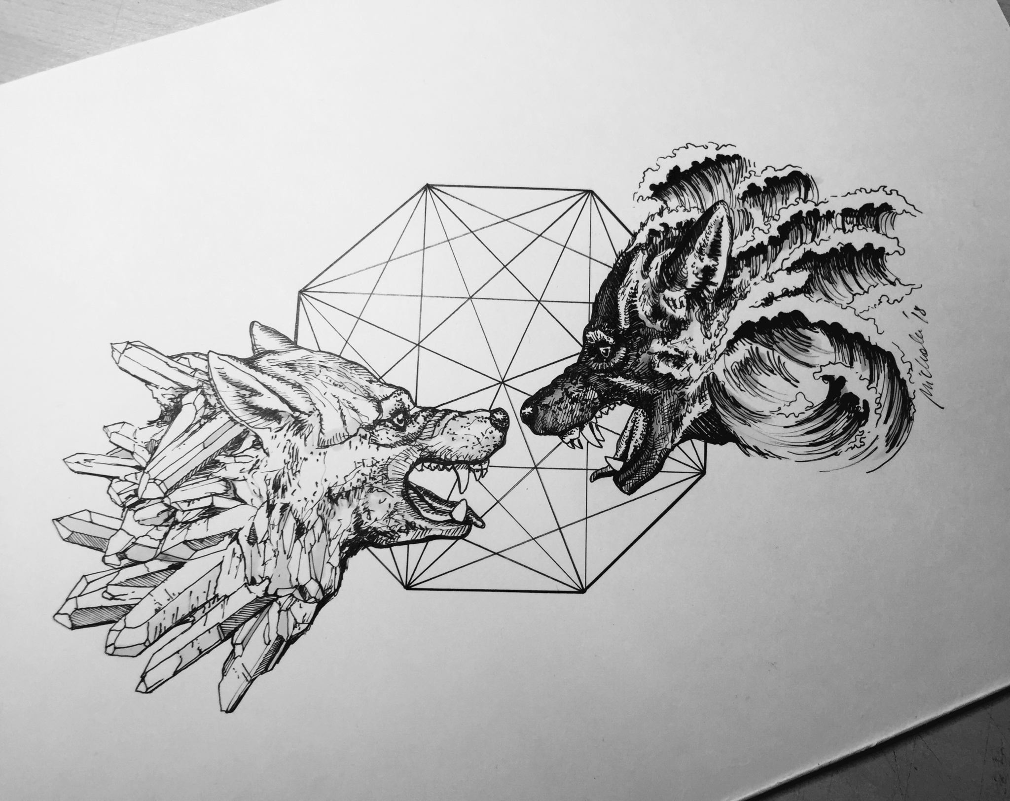 2048x1625 Two Wolves Ink Drawing - Ink Drawing
