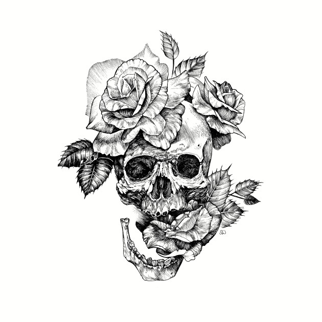 630x630 Black And White Ink Drawing Skull With Roses - Ink Drawing