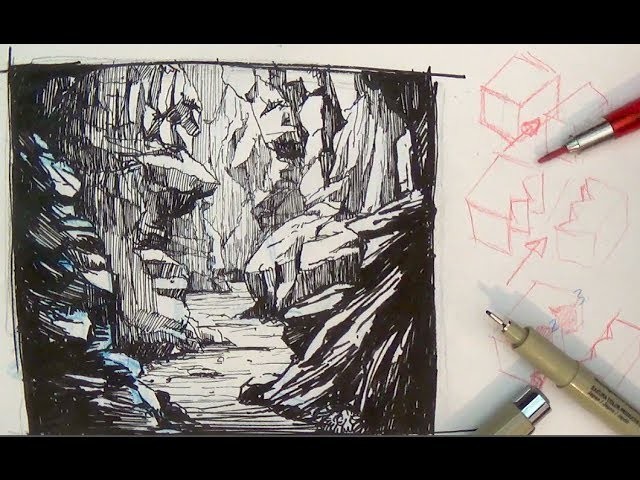 640x480 Pen And Ink Drawing Tutorials, How To Draw A Valley Gorge - Ink Drawing Tutorial