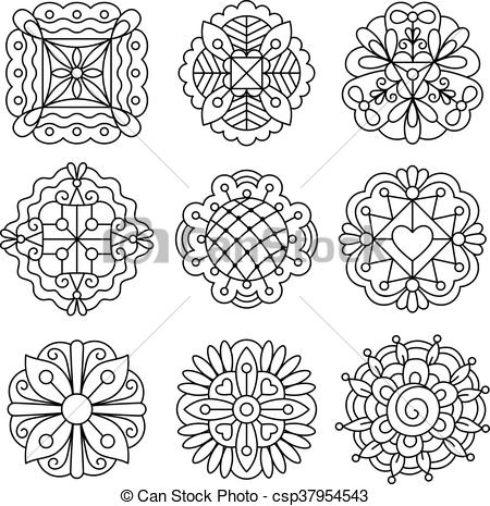 450x465 Black Ink Drawing Flowers Circle Doodle Etching Flower Vector Set - Ink Drawings Of Flowers