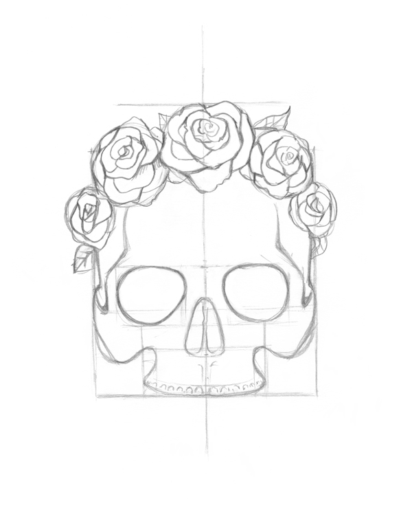 600x745 Use Ink Liners To Create A Skull And Roses Drawing - Ink Drawings Of Flowers