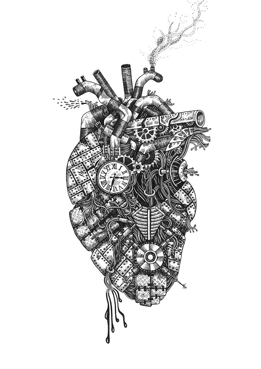 850x1202 Steampunk Robot Heart Gadgets Widgets Ink Black And White Clip - Ink Heart Drawing