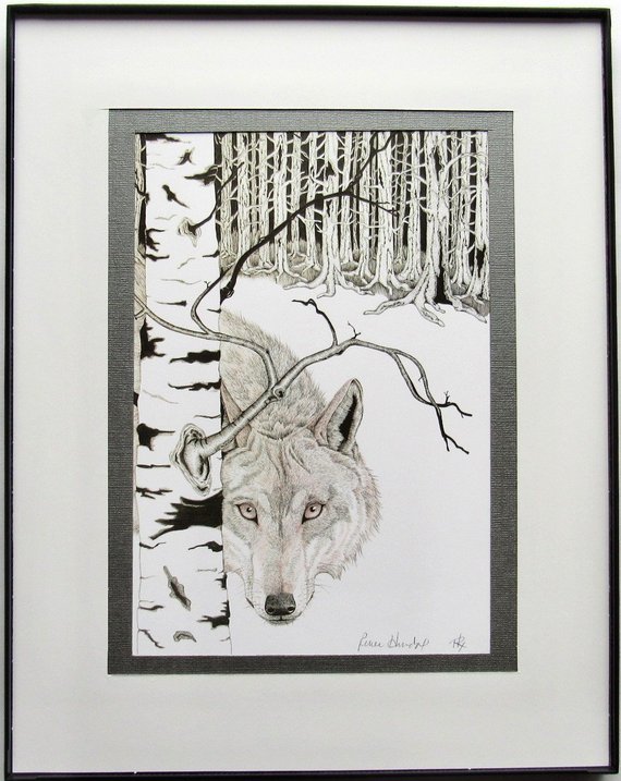 570x717 Framed Wildlife Art Print - Ink Wolf Drawing