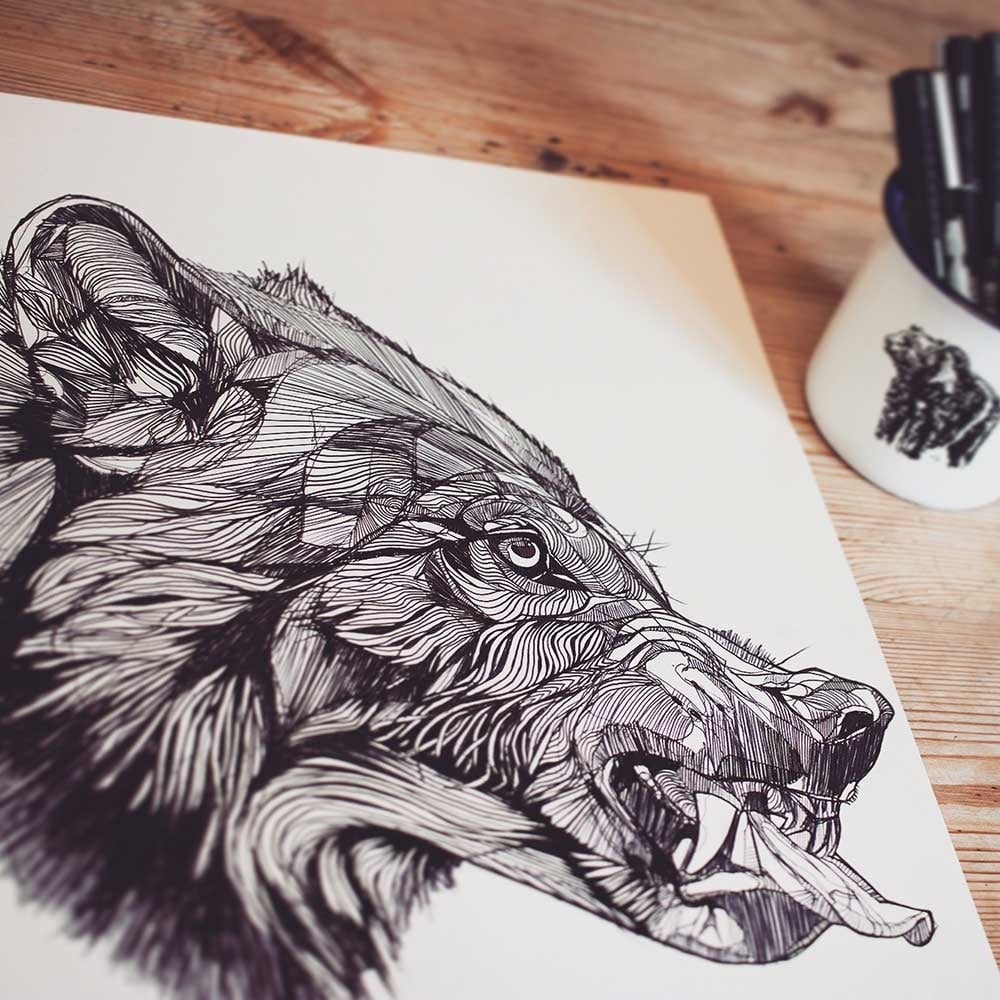 1000x1000 luke dixon - Ink Wolf Drawing