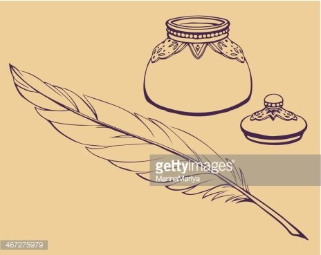 464x369 Vector Linear Drawing Pen And Inkwell Premium Clipart - Inkwell Drawing