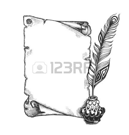 431x450 Illustration Of Quill Pen With Inkwell And Paper Scroll Right - Inkwell Drawing