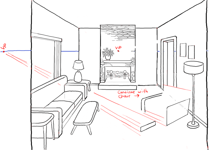 700x503 How To Draw A Room With Perspective Drawing Tutorial Of A Living - Inside Drawing
