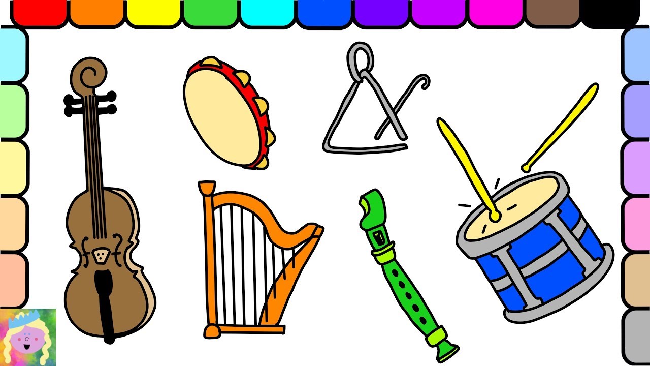 1280x720 Learn How To Draw And Color Musical Instruments And Learn Colors - Instrument Drawing