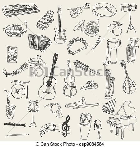 450x470 line drawings of musical instruments on kraft paper for back wall - Instrument Drawing