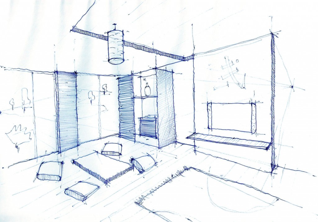 1024x716 Interior Design Drawing, Living Room Pen Sketch Arch - Interior Design Drawing