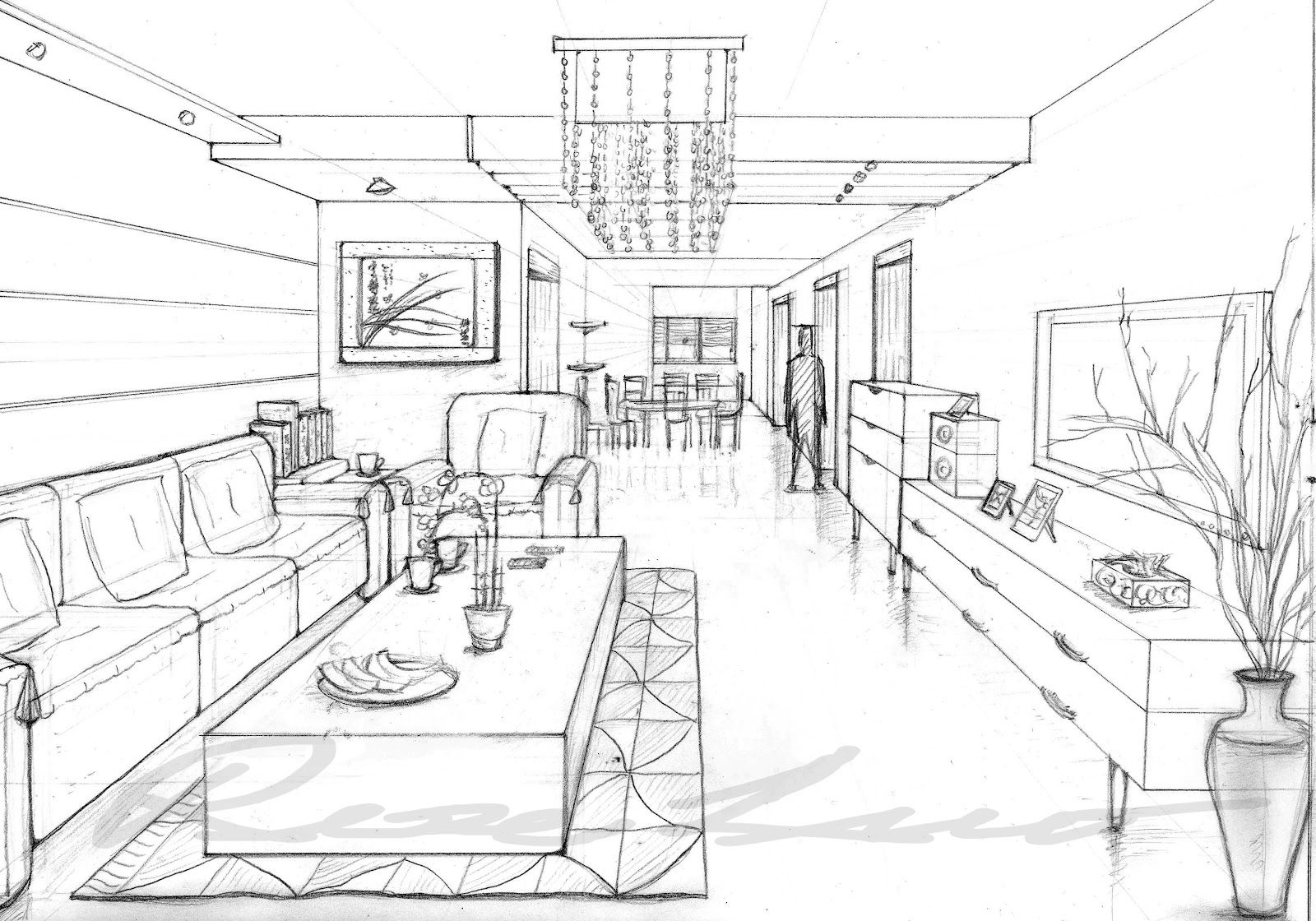 1600x1120 Point Perspective Drawing - Interior Perspective Drawing