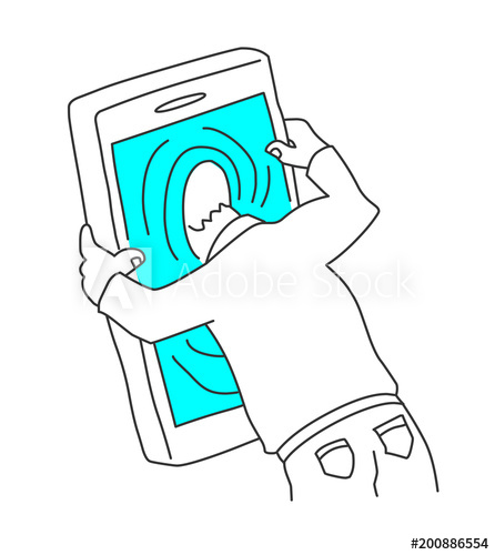 446x500 Line Drawing Of A Man Sticking His Head In The Mobile Phone Smart - Internet Drawing