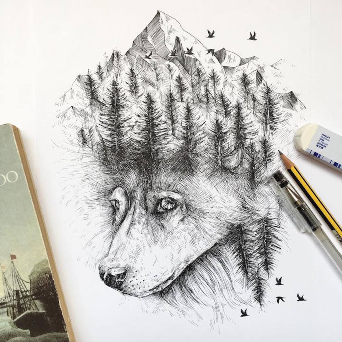 1200x1200 natural elements and animals fused together in intricate pen - Intricate Drawings