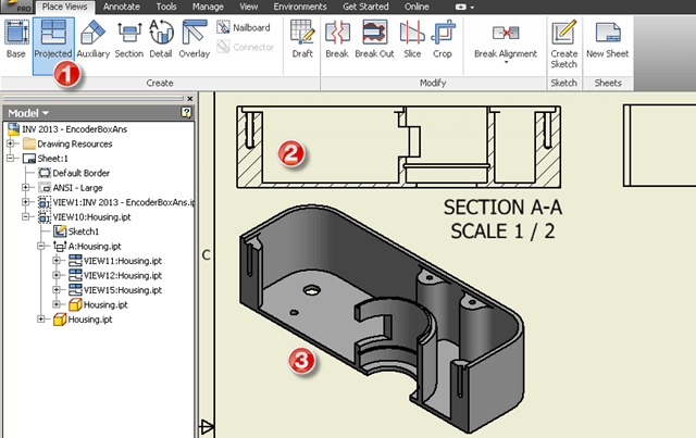 640x403 autodesk inventor drawing projected section view tip - Inventor Drawing