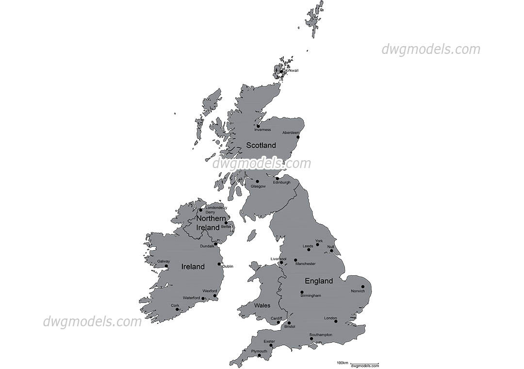 1080x760 map of great britain and ireland autocad file, cad drawing in dwg - Ireland Map Drawing