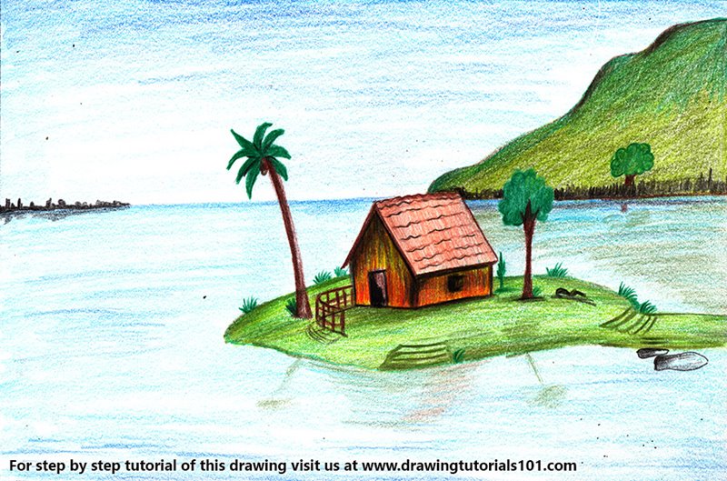 800x529 Island Scenery Colored Pencils - Island Drawing
