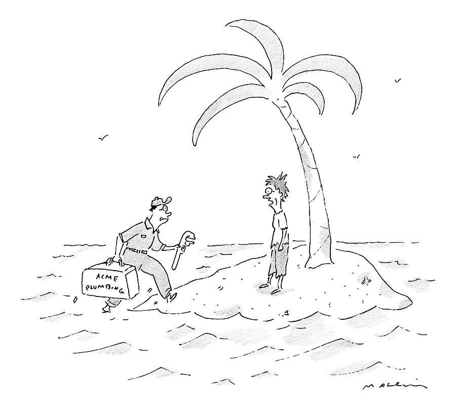 900x805 a man on a deserted island is approached drawing - Island Drawing