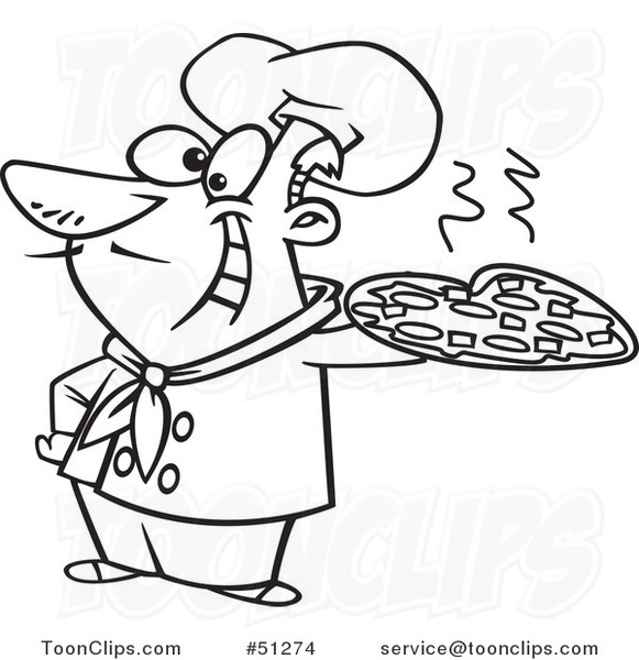 581x600 cartoon outlined happy italian chef holding a pizza pie - Italian Chef Drawing
