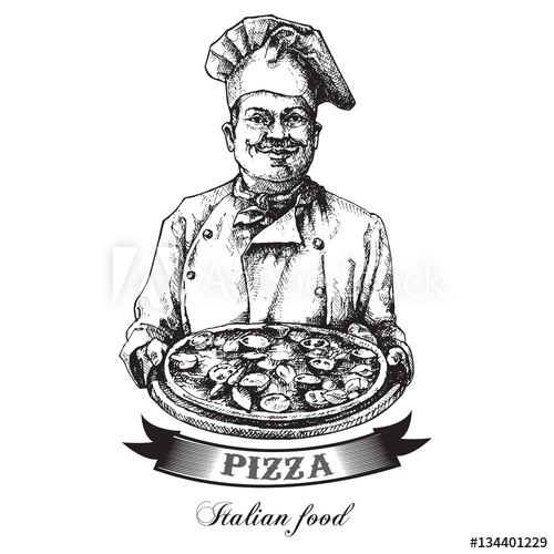 500x500 smiling italian chef with a pizza in hand vector art illustration - Italian Chef Drawing