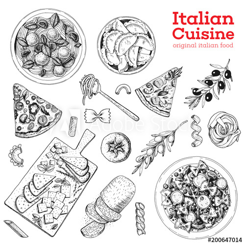 500x500 italian cuisine hand drawn set vintage vector illustration - Italian Food Drawing