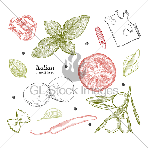 500x500 set with hand drawn illustrations of food italian cuisine gl - Italian Food Drawing