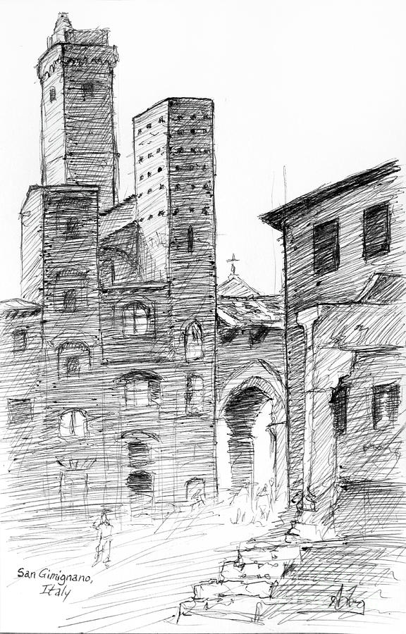 576x900 San Gimignano Towers In Italy Pen And Ink Drawing Drawing - Italy Drawing