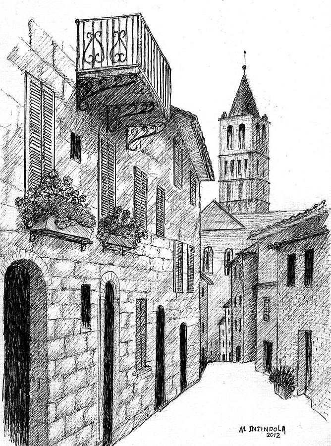 668x900 Street In Assisi Italy Drawing - Italy Drawing