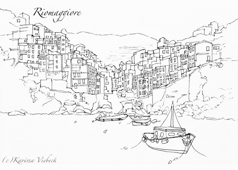 794x567 Cinque Terre Italy Pen Drawing Print Manarola Riomaggiore Etsy - Italy Drawing