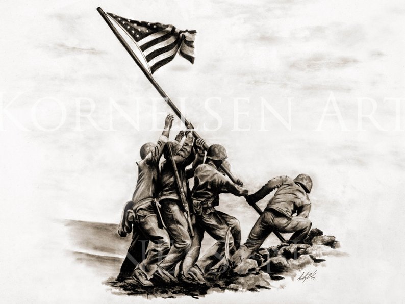 794x596 iwo jima archival canvas art print charcoal drawing etsy - Iwo Jima Drawing