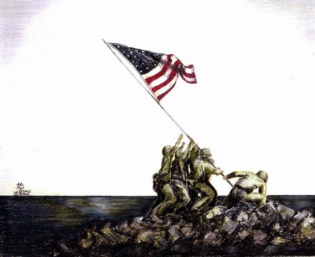 640x522 Ron Berry Artwork United States Marines On Iwo Jima Original - Iwo Jima Flag Raising Drawing