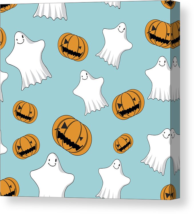 678x750 Cute Ghosts And Jack O Lanterns Seamless Pattern Canvas Print - Jack O Lantern Drawing Patterns