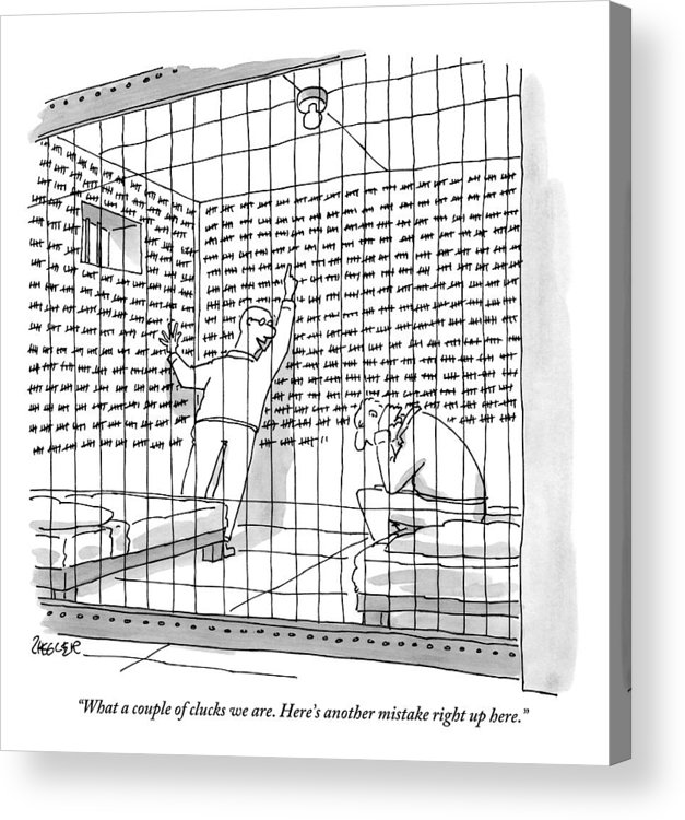 627x750 Two Men In A Jail Cell One Is Examining A Wall Acrylic Print - Jail Cell Drawing