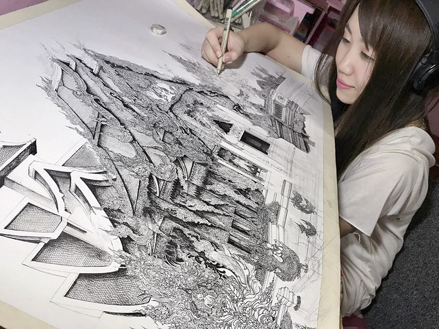 880x660 Japanese Artist Creates The Most Intricate Drawings Of Famous - Japanese Art Drawings