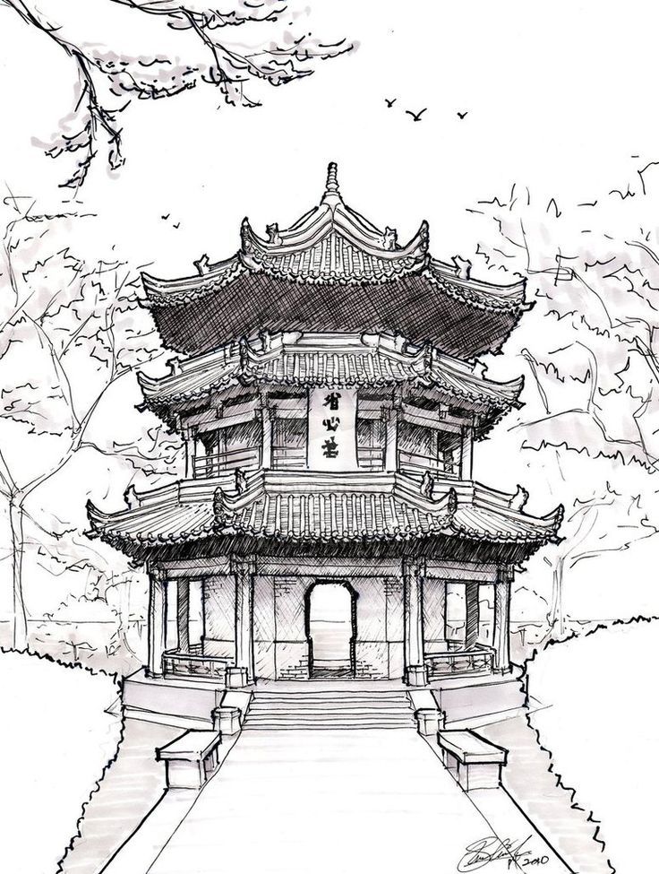 736x975 Famous Japanese Temples Drawings - Japanese Art Drawings