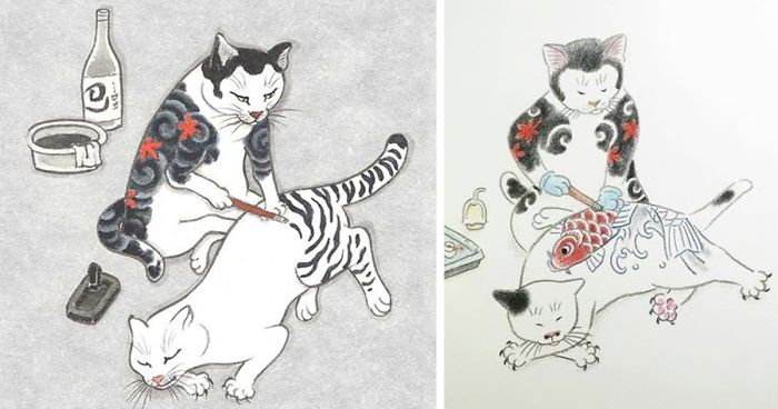 700x368 Cats Tattooing Each Other In Surreal Japanese Ink Wash Paintings - Japanese Art Drawings