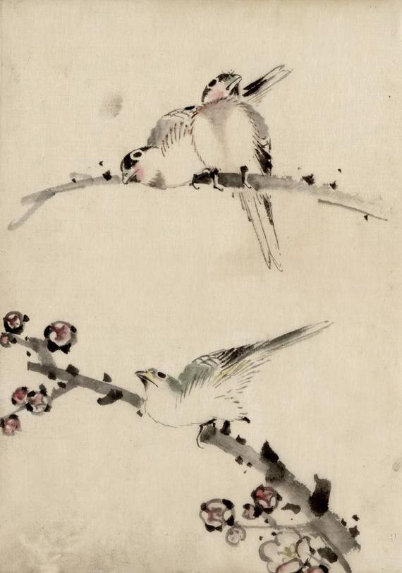 570x812 Japanese Art Hokusai Birds And Flowers Drawings Three Birds Etsy - Japanese Bird Drawing