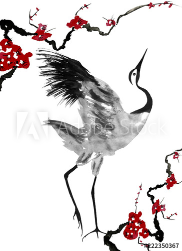 364x500 Japanese Crane Bird Drawing Red Stylized Flowers Of Plum Mei - Japanese Bird Drawing